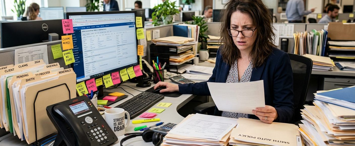 Woman sitting at a cluttered office desk, looking stressed while reviewing papers in front of a computer monitor covered with sticky notes and folders.