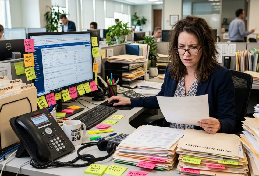 Woman sitting at a cluttered office desk, looking stressed while reviewing papers in front of a computer monitor covered with sticky notes and folders.