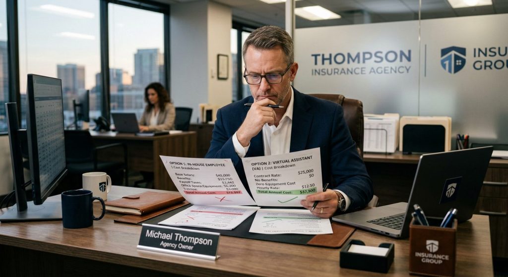 Man in a navy suit studies cost sheets at a desk, with a nameplate reading 'Michael Thompson Agency Owner' in the foreground.