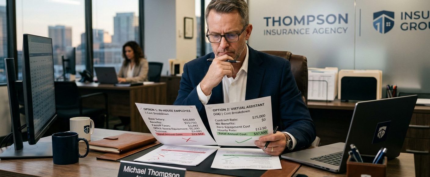 Man in a navy suit studies cost sheets at a desk, with a nameplate reading 'Michael Thompson Agency Owner' in the foreground.