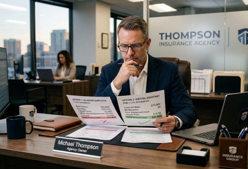 Man in a navy suit studies cost sheets at a desk, with a nameplate reading 'Michael Thompson Agency Owner' in the foreground.