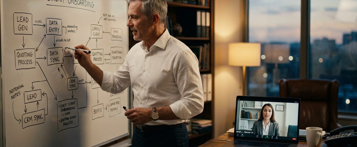 Man in a white shirt explains a flowchart on a whiteboard labeled 'SOP: Client Onboarding' during a in-office presentation; a laptop on the desk shows a video call with a woman.