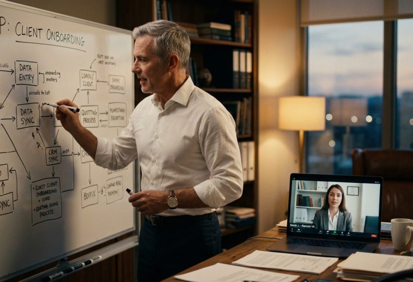 Man in a white shirt explains a flowchart on a whiteboard labeled 'SOP: Client Onboarding' during a in-office presentation; a laptop on the desk shows a video call with a woman.