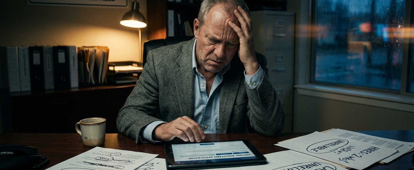 A worried man in a gray blazer sits at a cluttered desk, pinching his forehead while looking at a tablet amid scattered papers and a mug.