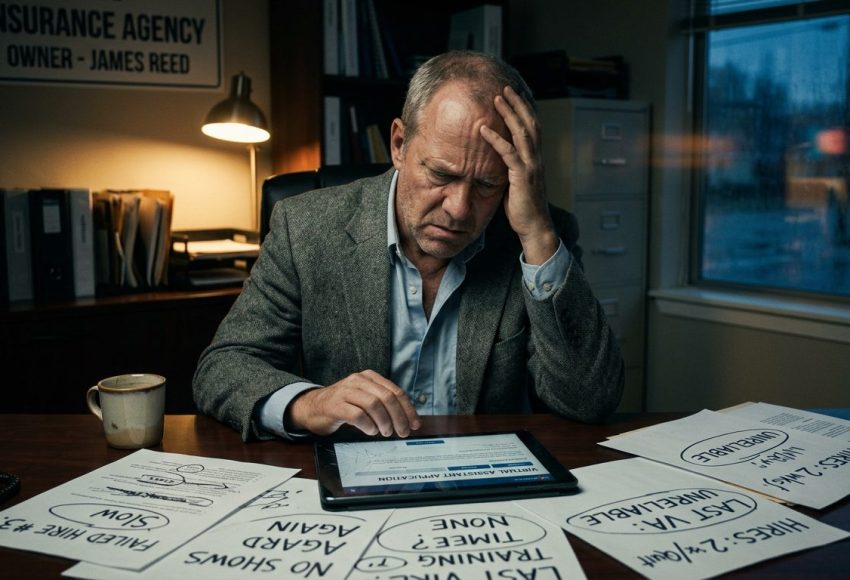 A worried man in a gray blazer sits at a cluttered desk, pinching his forehead while looking at a tablet amid scattered papers and a mug.