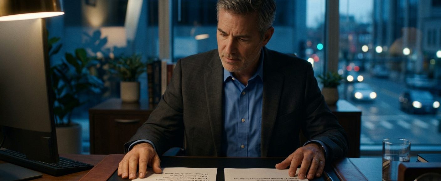 Man in a suit sits at a desk at night, reviewing two printed contract pages under warm office lighting.