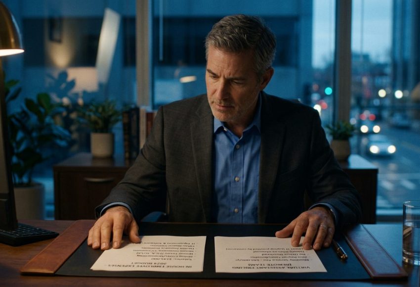 Man in a suit sits at a desk at night, reviewing two printed contract pages under warm office lighting.