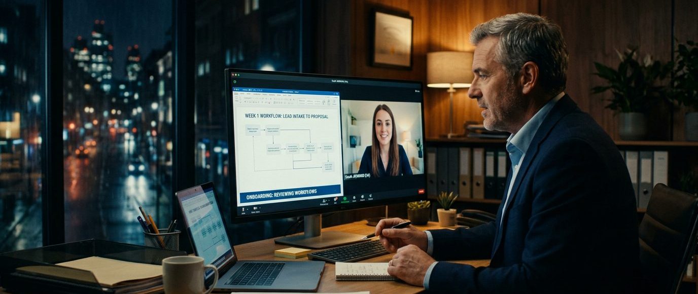 Man in a suit works at a wooden desk during a video conference, with a large monitor showing a workflow slide and a smiling colleague on a second window.