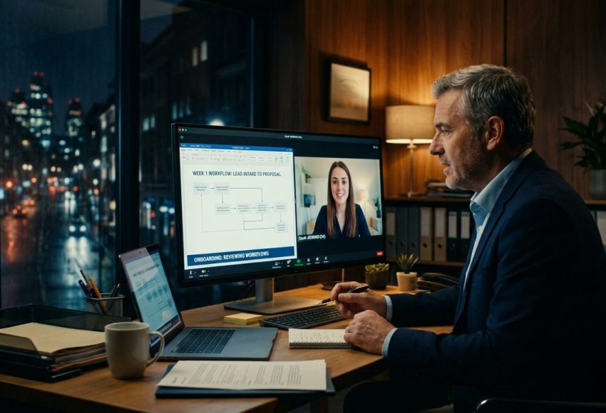 Man in a suit works at a wooden desk during a video conference, with a large monitor showing a workflow slide and a smiling colleague on a second window.