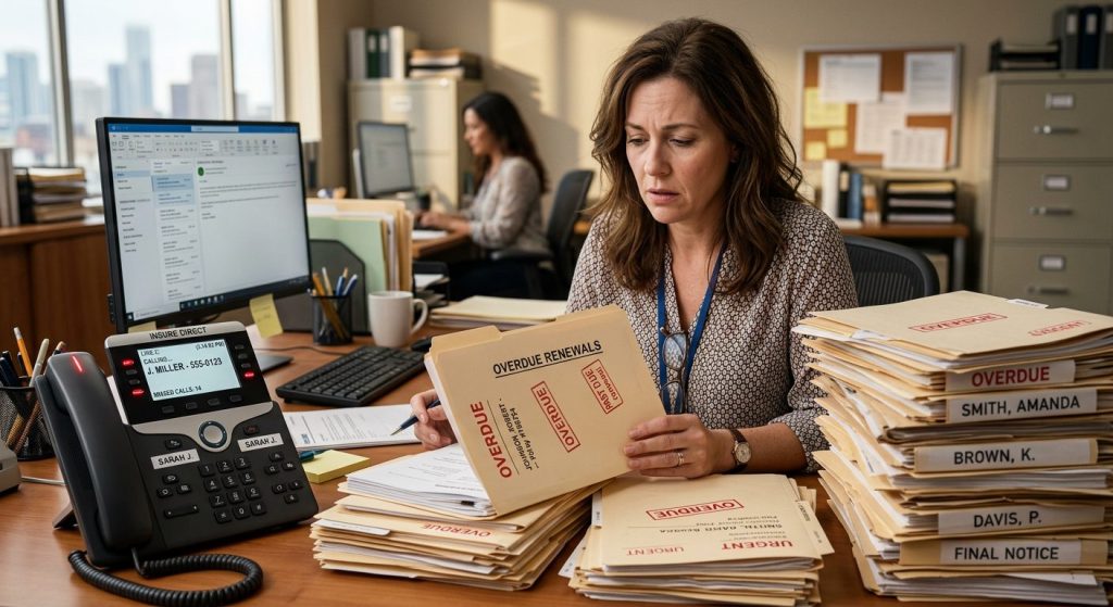 A woman in an office reads an overdue notice while sorting a tall stack of overdue files on her desk.
