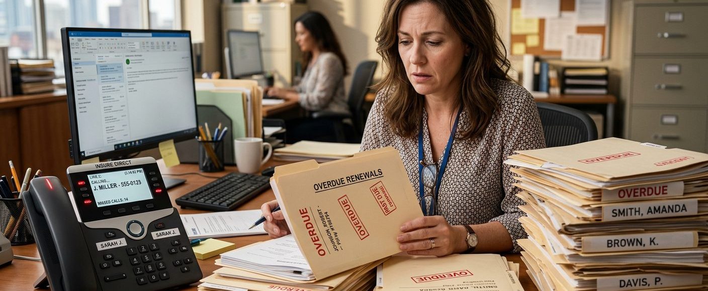 A woman in an office reads an overdue notice while sorting a tall stack of overdue files on her desk.