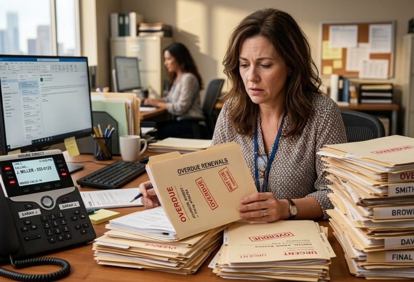 A woman in an office reads an overdue notice while sorting a tall stack of overdue files on her desk.