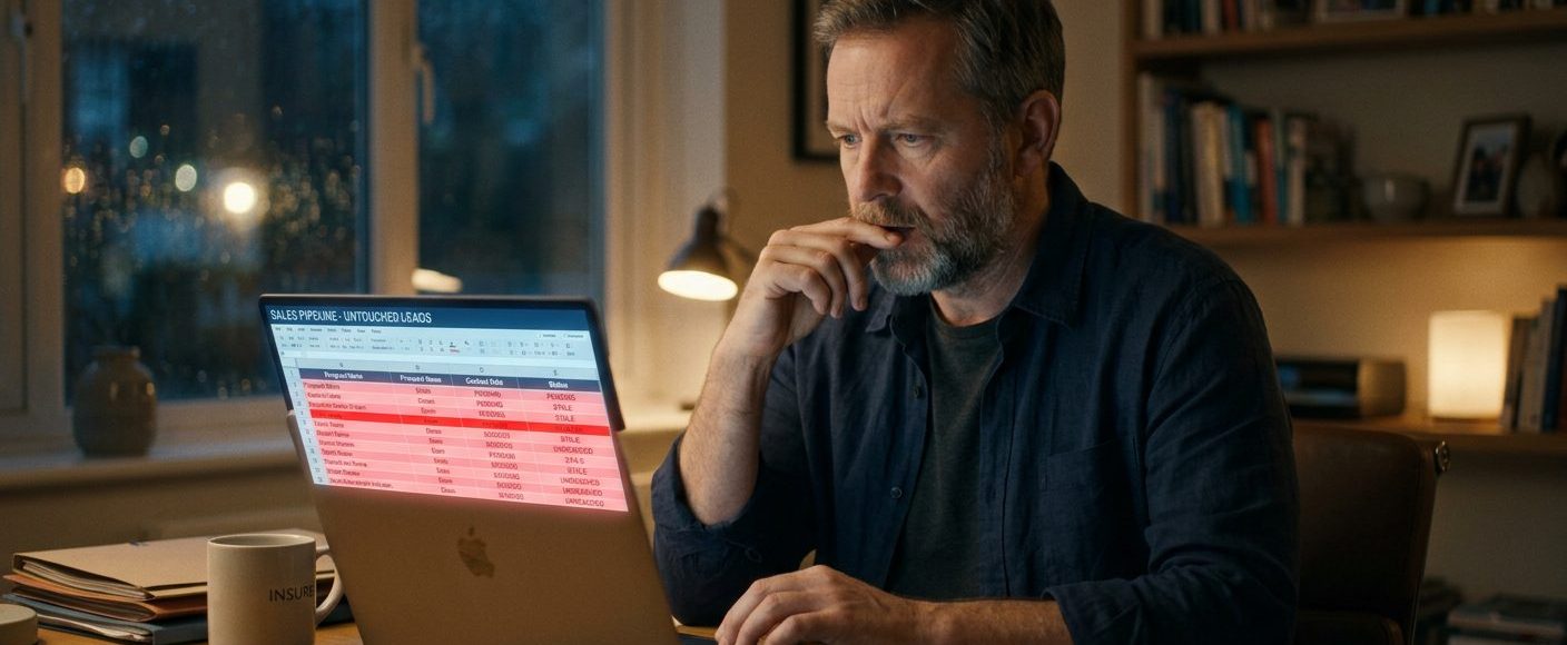 Man sits at a wooden desk, looking thoughtful while working on a laptop with a red-highlighted spreadsheet on the screen.
