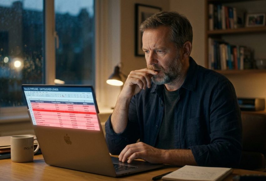 Man sits at a wooden desk, looking thoughtful while working on a laptop with a red-highlighted spreadsheet on the screen.