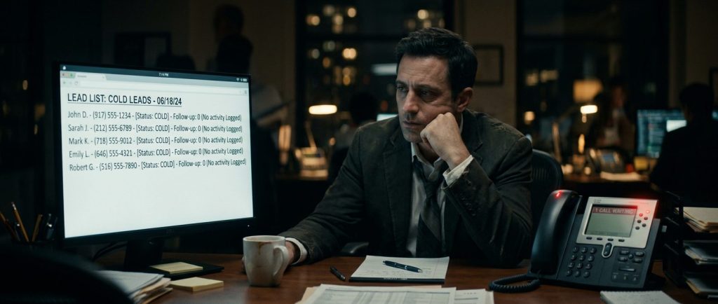 Man in a suit at a cluttered desk, resting his chin while a monitor shows 'Lead List: Cold Leads - 06/18/24'