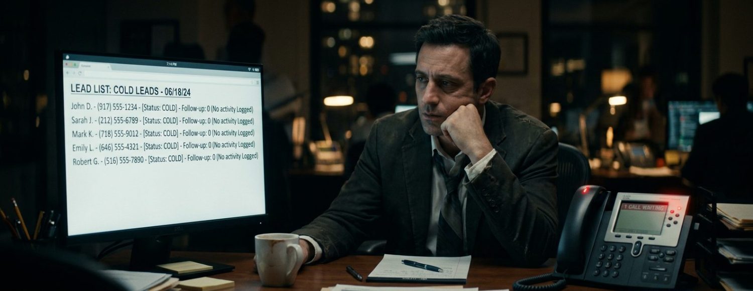 Man in a suit at a cluttered desk, resting his chin while a monitor shows 'Lead List: Cold Leads - 06/18/24'