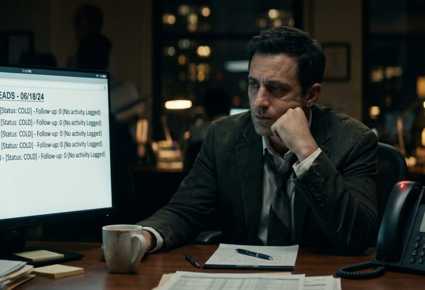 Man in a suit at a cluttered desk, resting his chin while a monitor shows 'Lead List: Cold Leads - 06/18/24'