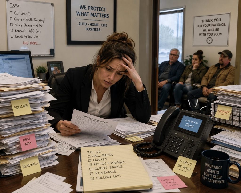 A stressed woman in a black blazer sits at a cluttered desk piled with papers and sticky notes, head in hand, in an office waiting area scene.