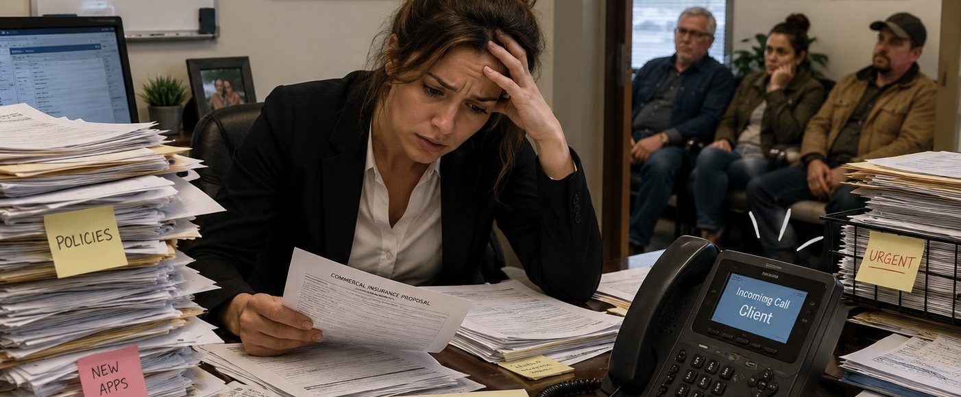 A stressed woman in a black blazer sits at a cluttered desk piled with papers and sticky notes, head in hand, in an office waiting area scene.