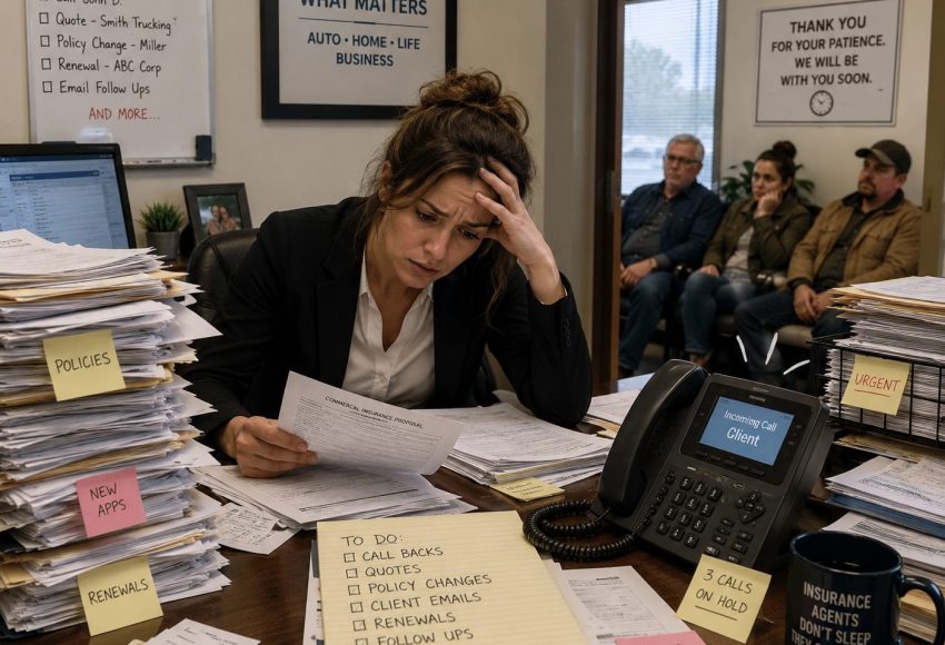 A stressed woman in a black blazer sits at a cluttered desk piled with papers and sticky notes, head in hand, in an office waiting area scene.