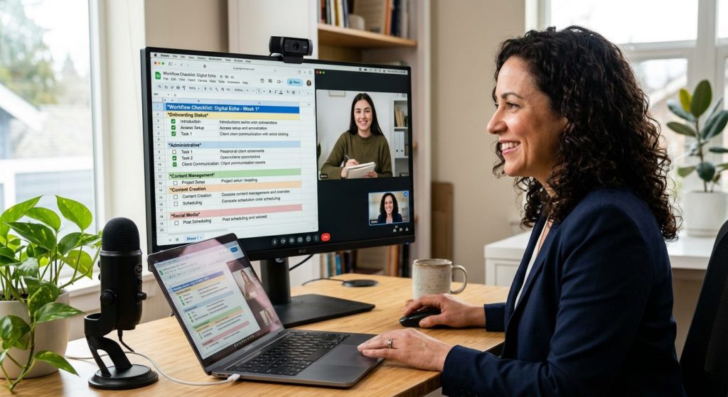 Business owner and virtual assistant on a first-week onboarding video call, both reviewing a shared screen with a workflow checklist visible