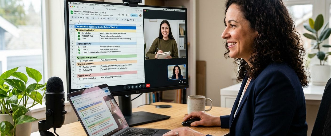 Business owner and virtual assistant on a first-week onboarding video call, both reviewing a shared screen with a workflow checklist visible