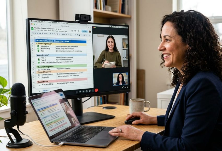 Business owner and virtual assistant on a first-week onboarding video call, both reviewing a shared screen with a workflow checklist visible