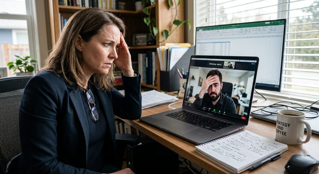 Business owner and virtual assistant on a video call with visible tension, a notepad of unclear instructions visible on the desk beside the laptop