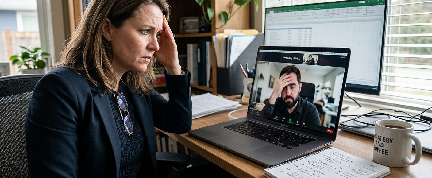 Business owner and virtual assistant on a video call with visible tension, a notepad of unclear instructions visible on the desk beside the laptop