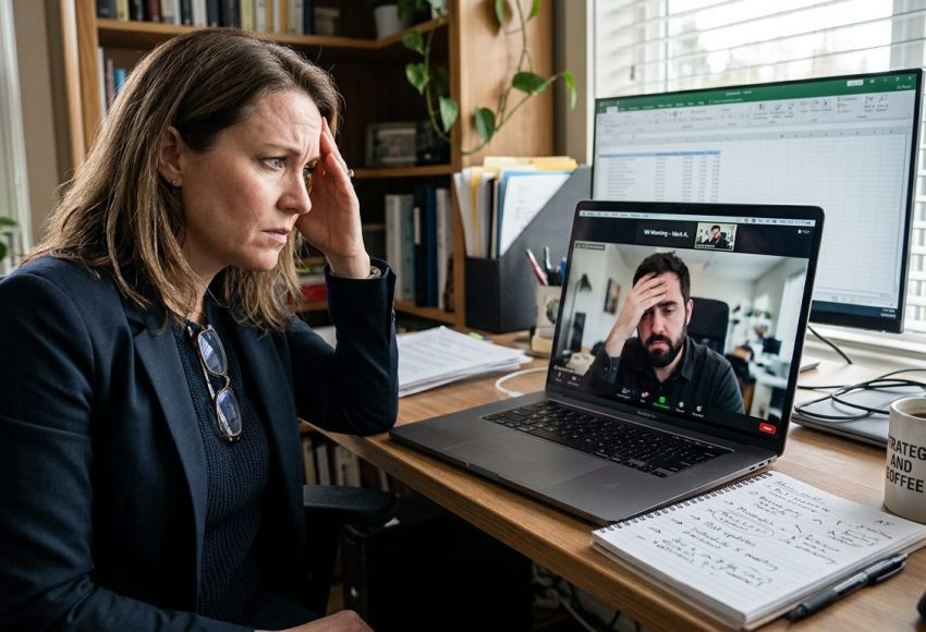 Business owner and virtual assistant on a video call with visible tension, a notepad of unclear instructions visible on the desk beside the laptop