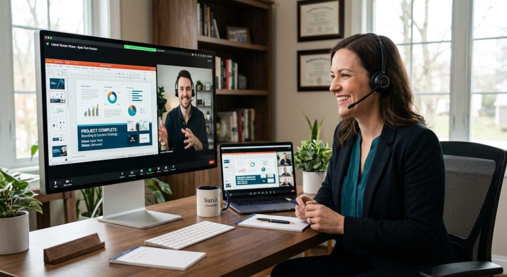 Business owner smiling during a positive video check-in with a virtual assistant, both reviewing completed work on shared screens in a productive remote session