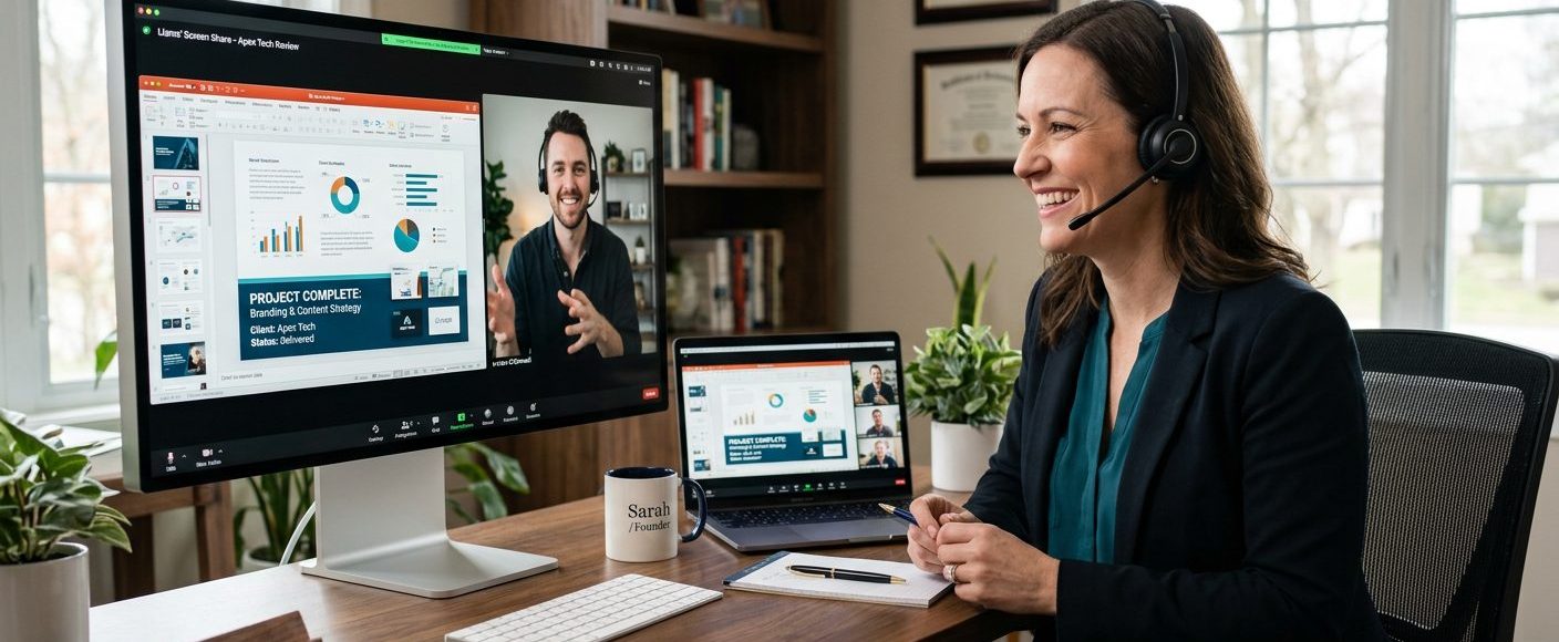 Business owner smiling during a positive video check-in with a virtual assistant, both reviewing completed work on shared screens in a productive remote session