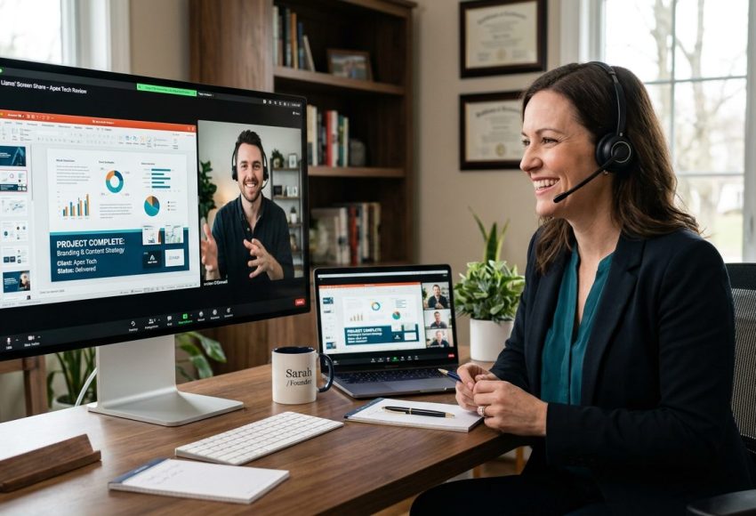Business owner smiling during a positive video check-in with a virtual assistant, both reviewing completed work on shared screens in a productive remote session