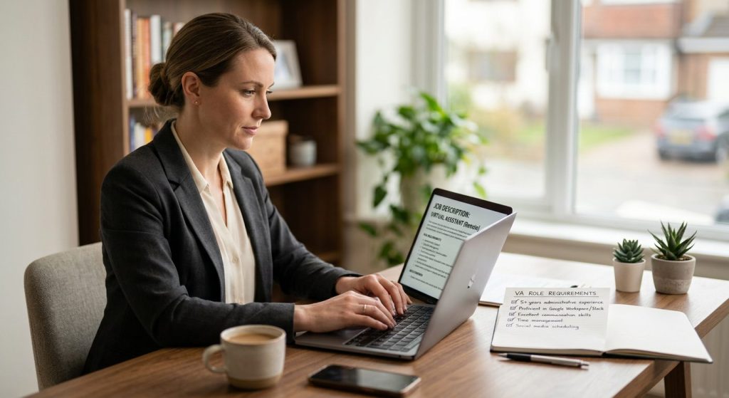 Business owner typing a virtual assistant job description on a laptop at a clean desk, reviewing a checklist of role requirements beside them