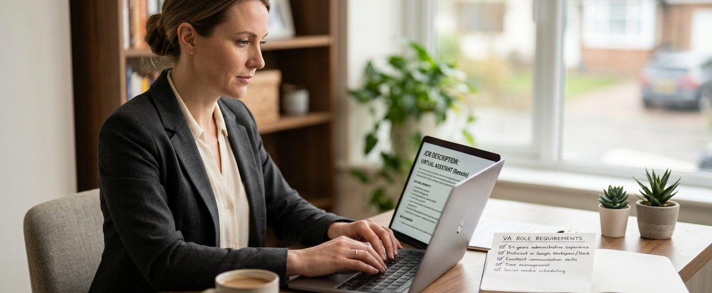 Business owner typing a virtual assistant job description on a laptop at a clean desk, reviewing a checklist of role requirements beside them