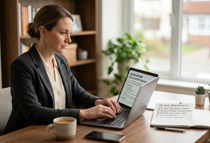 Business owner typing a virtual assistant job description on a laptop at a clean desk, reviewing a checklist of role requirements beside them