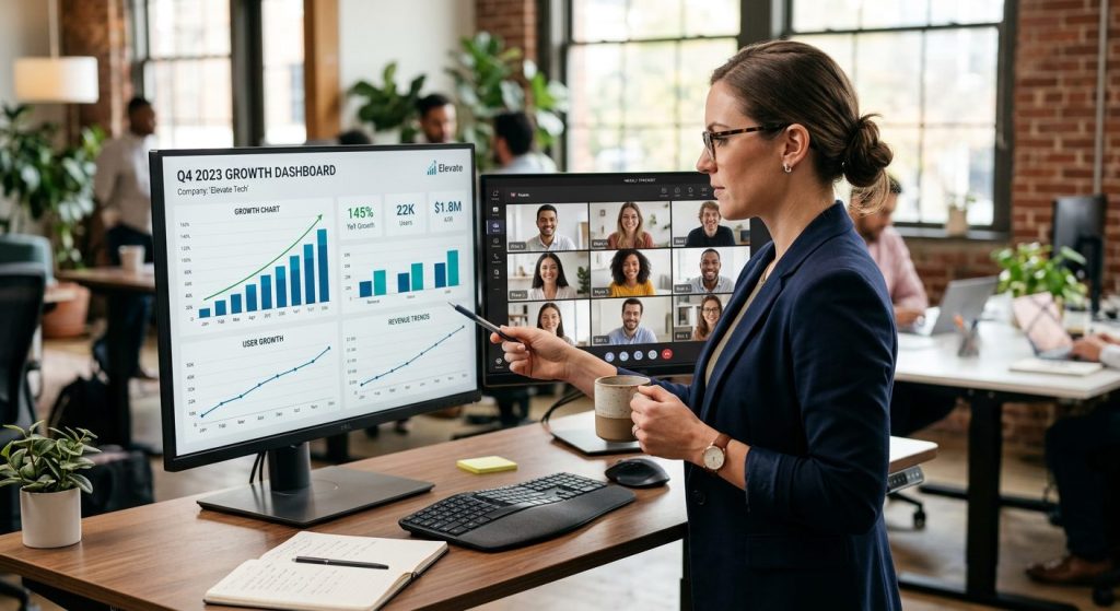 Entrepreneur at a standing desk reviewing a growth chart on a monitor with a virtual team meeting visible on a second screen beside it