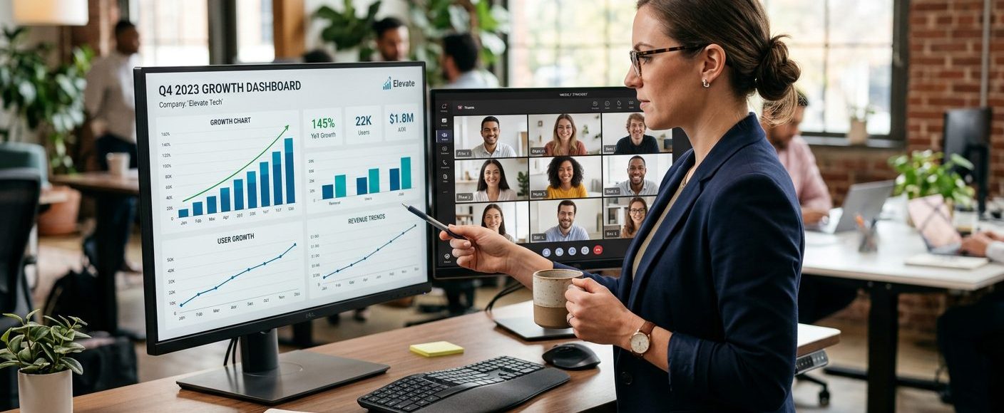 Entrepreneur at a standing desk reviewing a growth chart on a monitor with a virtual team meeting visible on a second screen beside it