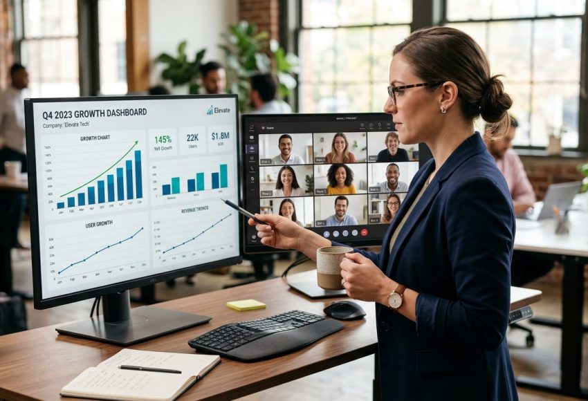 Entrepreneur at a standing desk reviewing a growth chart on a monitor with a virtual team meeting visible on a second screen beside it