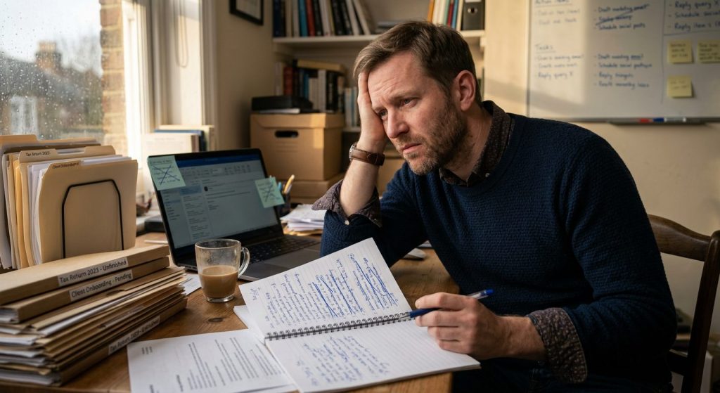 Frustrated business owner sitting at a desk surrounded by incomplete tasks and a notepad full of crossed-out action items after a failed VA hire