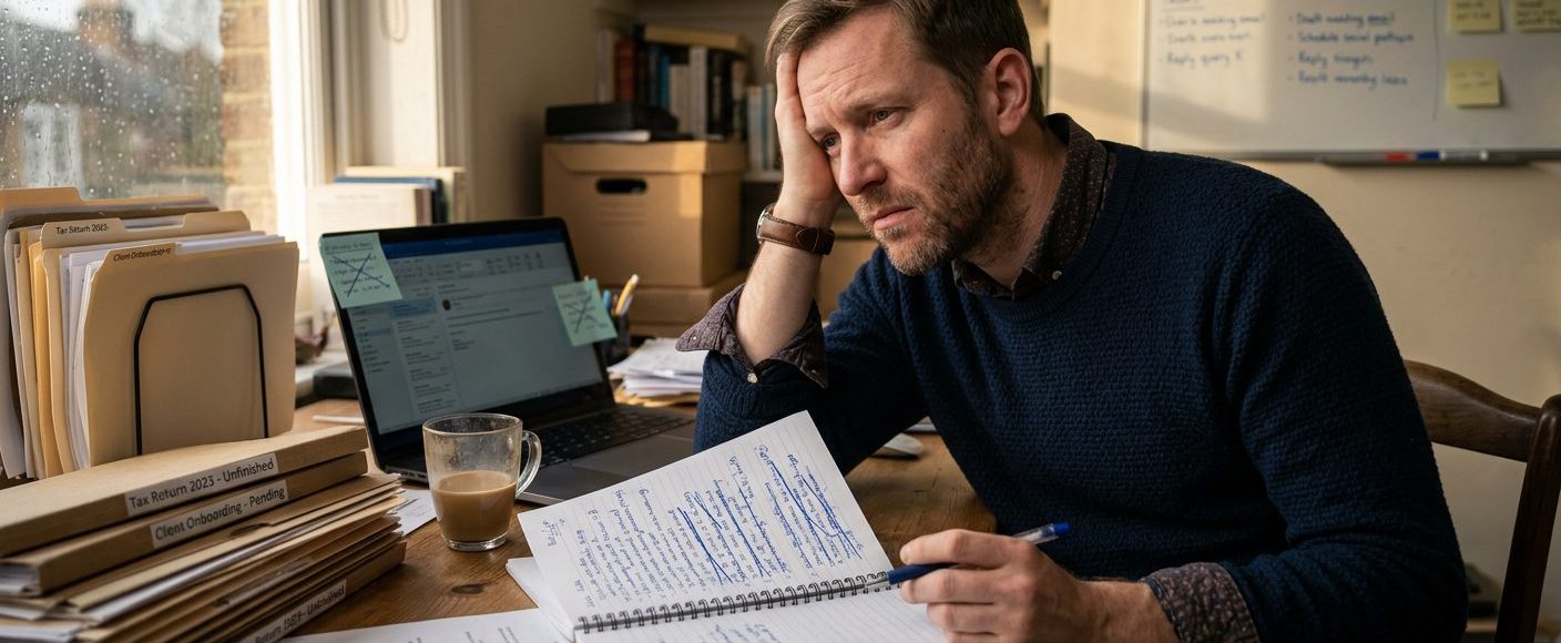 Frustrated business owner sitting at a desk surrounded by incomplete tasks and a notepad full of crossed-out action items after a failed VA hire