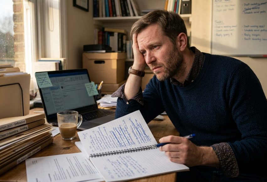 Frustrated business owner sitting at a desk surrounded by incomplete tasks and a notepad full of crossed-out action items after a failed VA hire