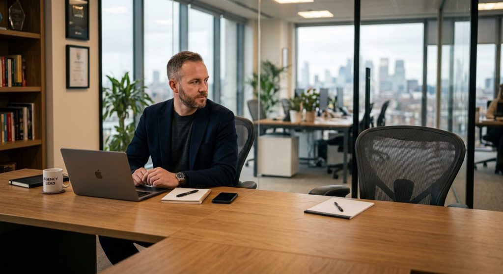 Agency owner sitting alone at a desk looking at an empty chair across from them, representing the moment a trained virtual assistant left the role