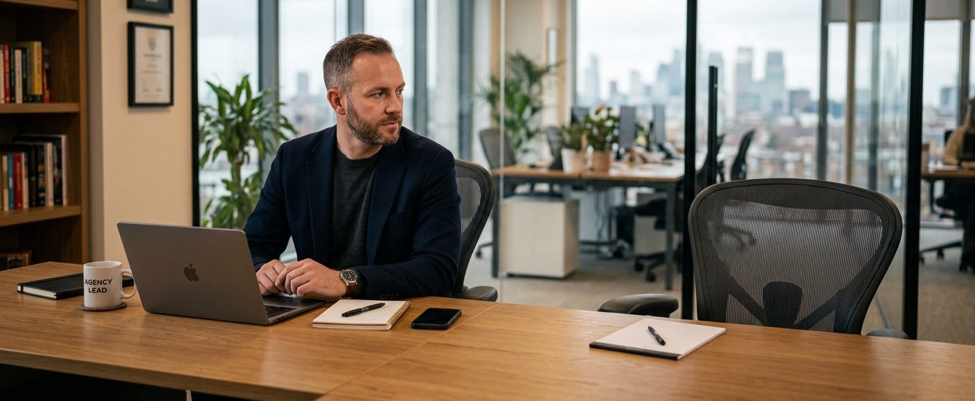 Agency owner sitting alone at a desk looking at an empty chair across from them, representing the moment a trained virtual assistant left the role