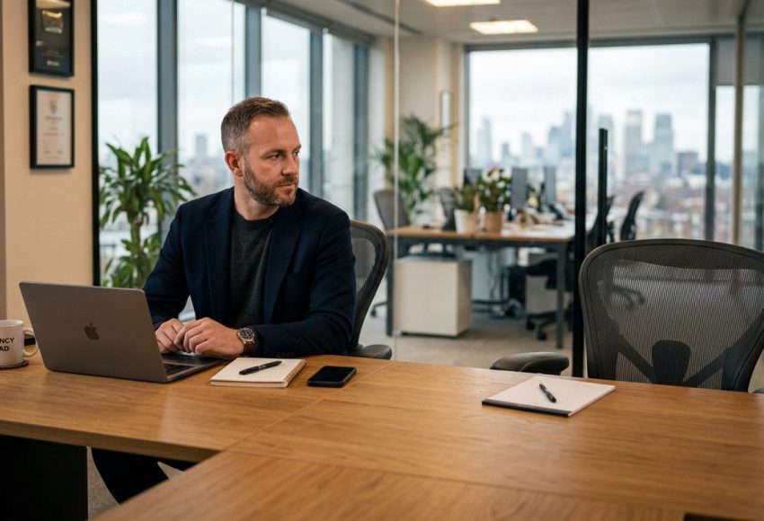 Agency owner sitting alone at a desk looking at an empty chair across from them, representing the moment a trained virtual assistant left the role