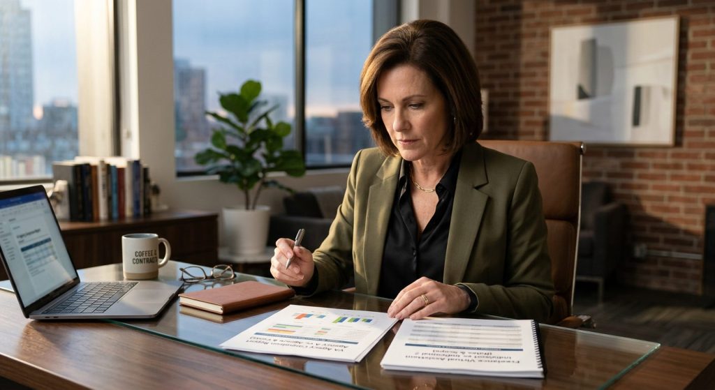 business owner at a desk comparing two documents side by side, one labeled VA agency and one labeled freelance virtual assistant