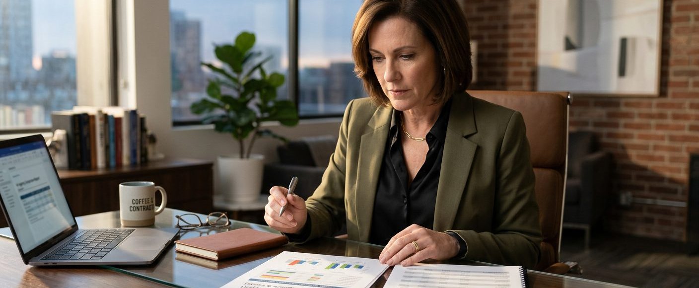 business owner at a desk comparing two documents side by side, one labeled VA agency and one labeled freelance virtual assistant