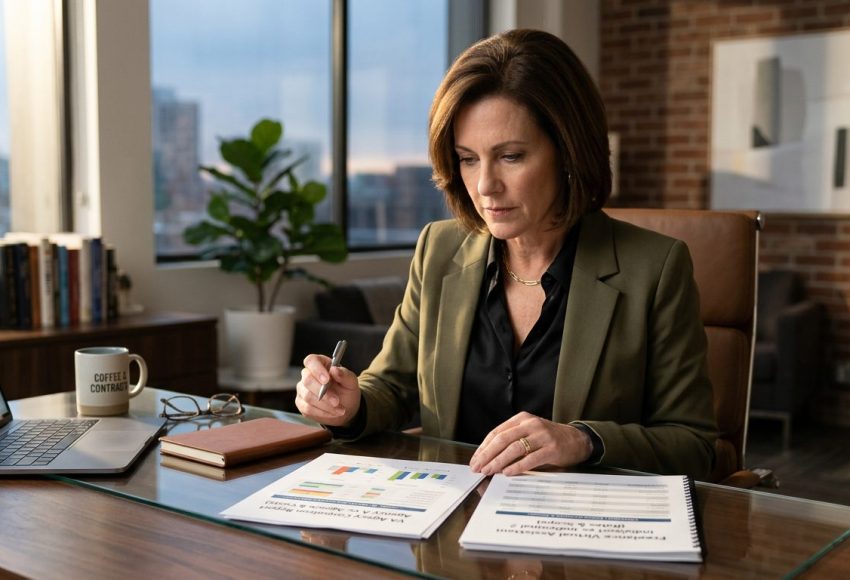 business owner at a desk comparing two documents side by side, one labeled VA agency and one labeled freelance virtual assistant