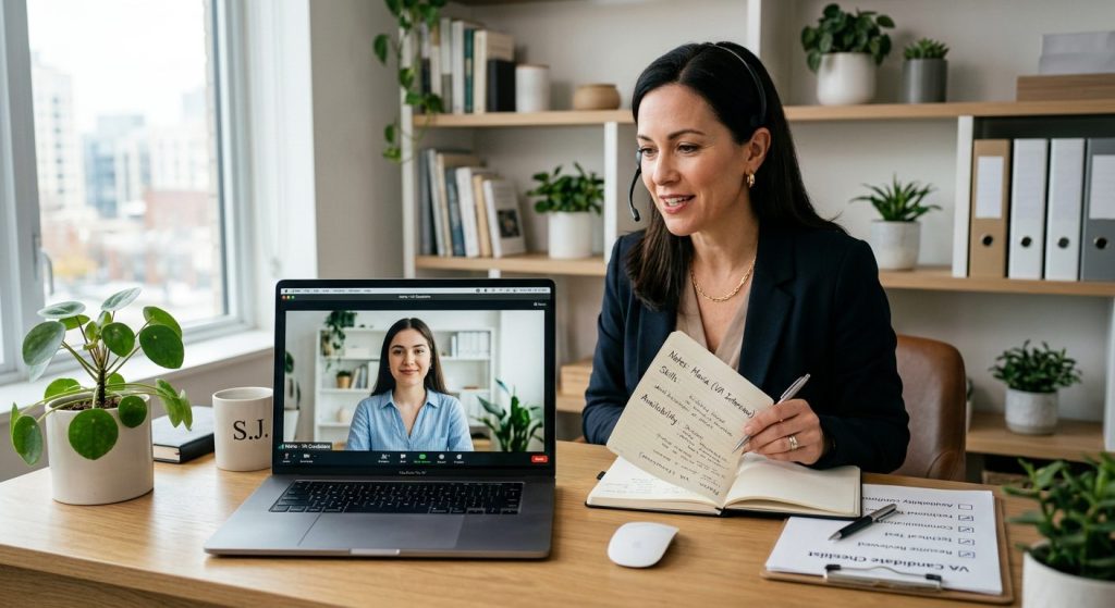 Business owner on a video call interview with a virtual assistant candidate, reviewing notes and a checklist on a desk beside the laptop