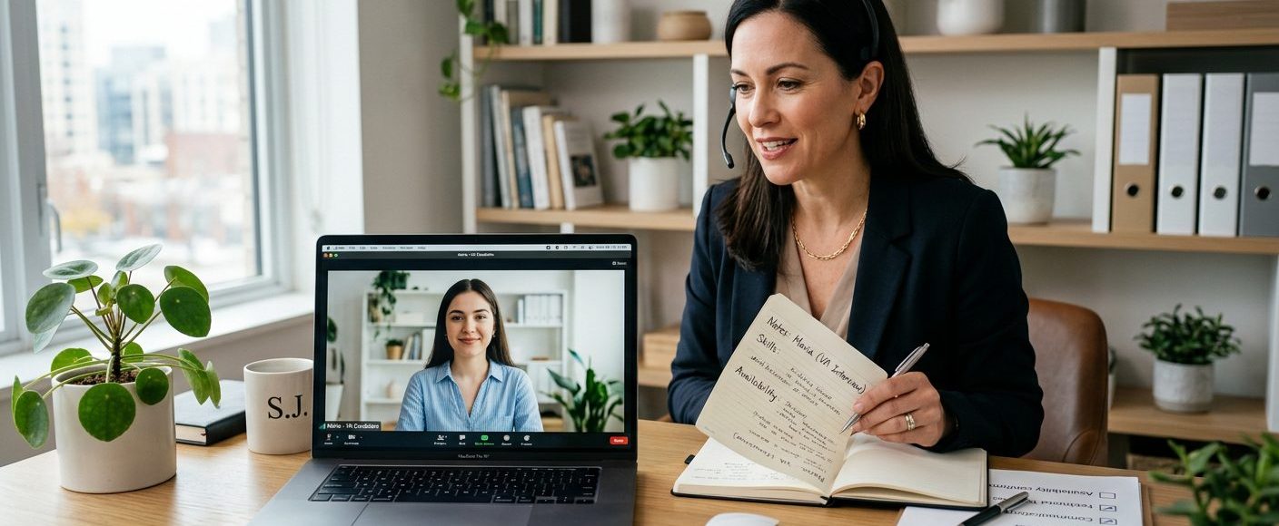Business owner on a video call interview with a virtual assistant candidate, reviewing notes and a checklist on a desk beside the laptop